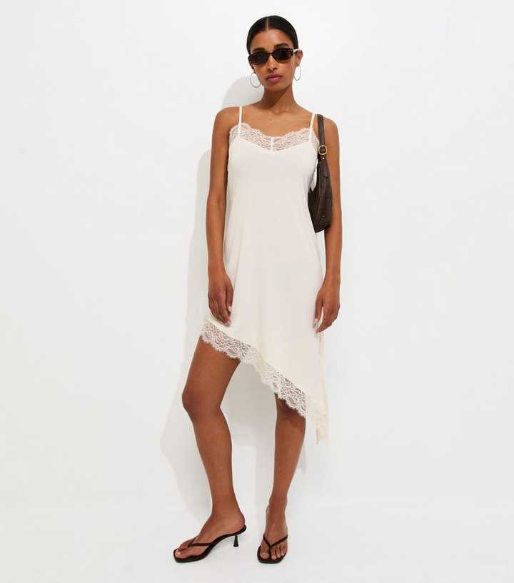 Cream Jersey Lace Trim Asymmetric Hem Cami Dress