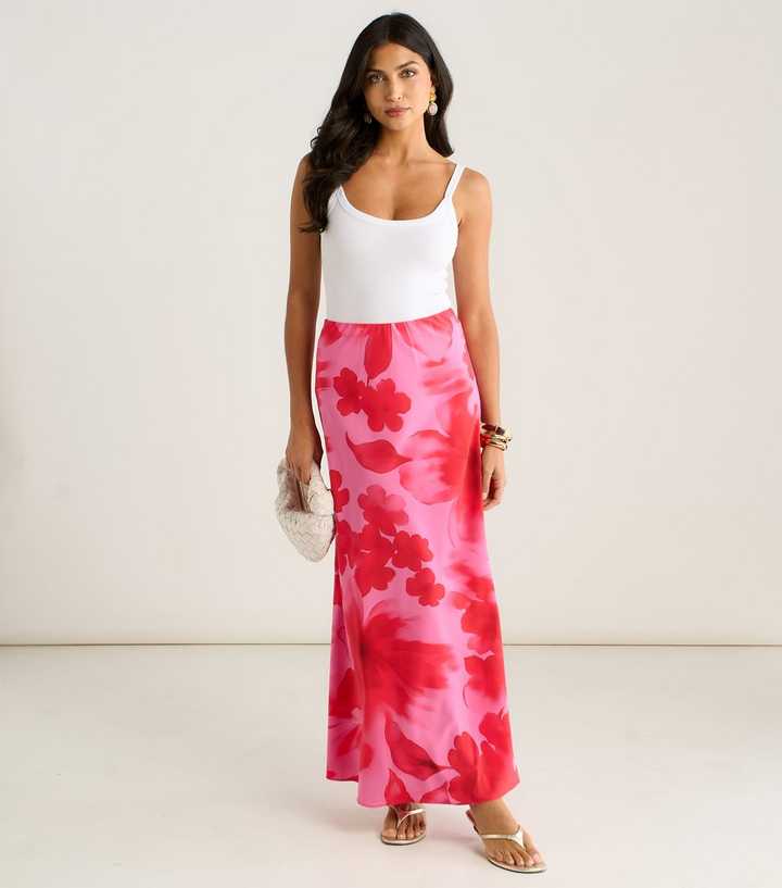 Gini London Bright Pink Floral Print Maxi Skirt