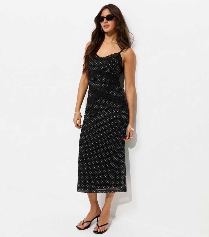 Black Polka Dot Mesh Lace Trim Midi Dress