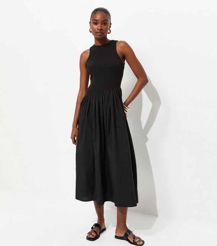 Black Asymmetric Waist Sleeveless Midi Dress