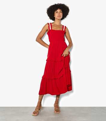 Apricot Bright Red Shirred Tiered Midi Dress