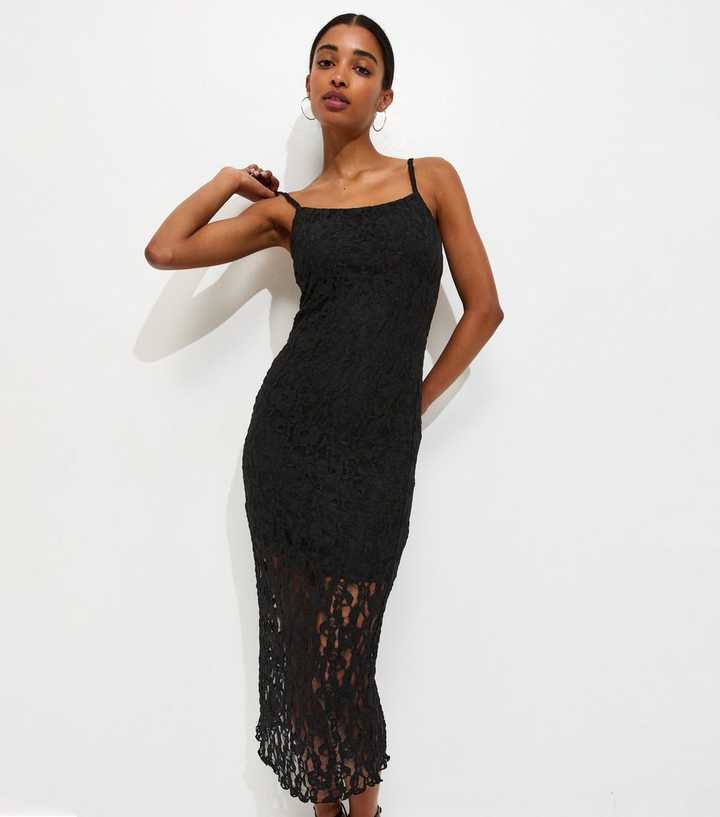 Black Floral Lace Strappy Midi Dress