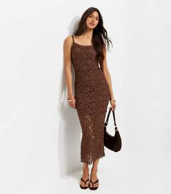 Dark Brown Floral Lace Strappy Midi Dress