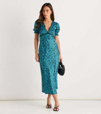 Gini London Green Lace Trim Floral V Neck Midi Dress