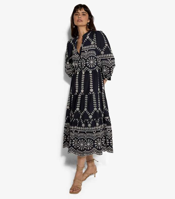 Apricot Navy Embroidered Tiered Midi Dress