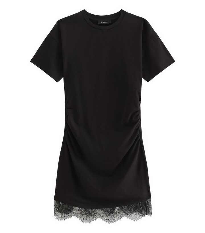 Black Cotton Rich Ruched Lace Hem T-Shirt Dress | New Look