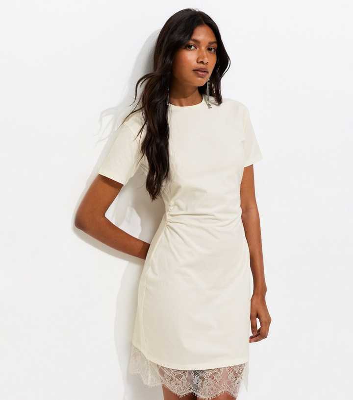 Cream Cotton Rich Ruched Lace Hem T-Shirt Dress | New Look