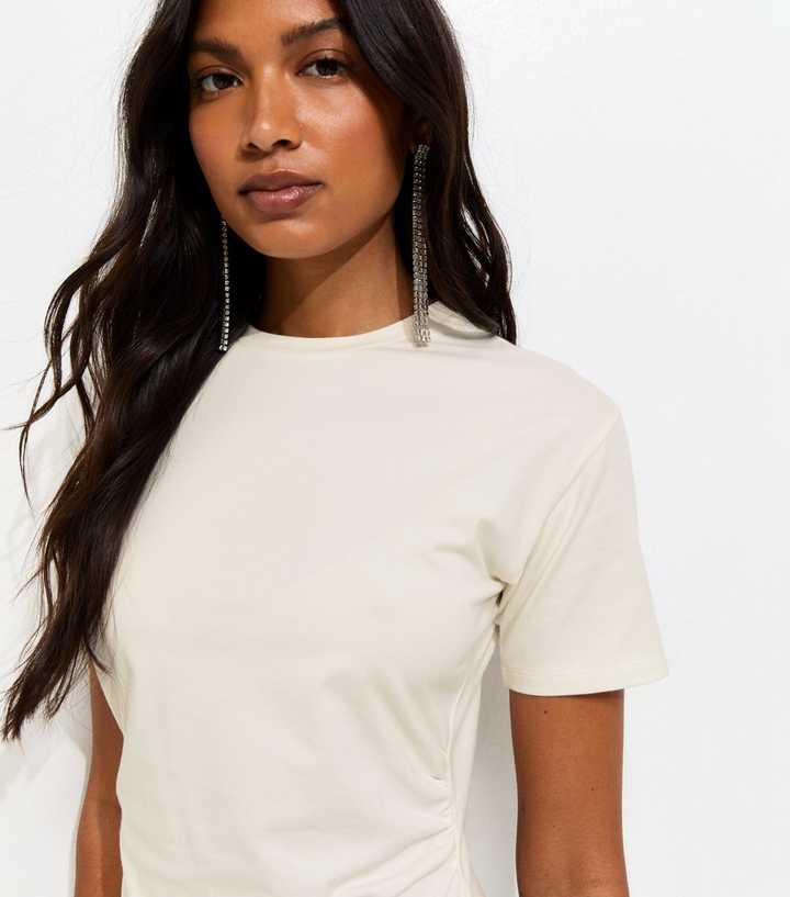 Cream Cotton Rich Ruched Lace Hem T-Shirt Dress | New Look Cream Cotton Rich Ruched Lace Hem T-Shirt Dress | New Look