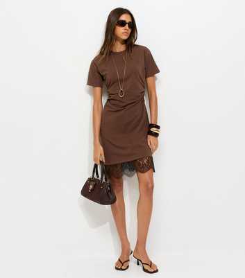 Dark Brown Cotton Rich Ruched Lace Hem T-Shirt Dress
