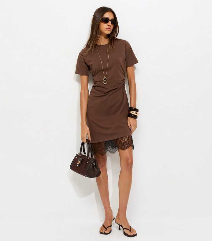 Dark Brown Cotton Rich Ruched Lace Hem T-Shirt Dress