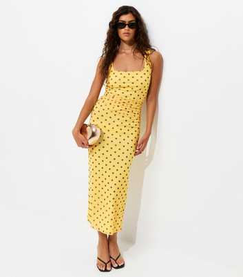 Yellow Spotty Mesh Square Neck Midi Dress