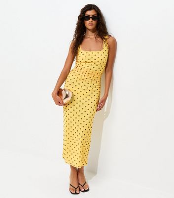 Yellow Spotty Mesh Square Neck Midi Dress | New Look