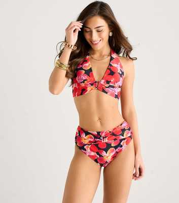 Gini London Black Floral Print Halter Neck Bikini Top