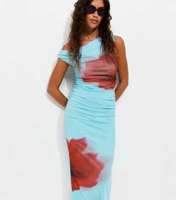 Blue Mesh Blurred Floral Print Off Shoulder Midi Dress