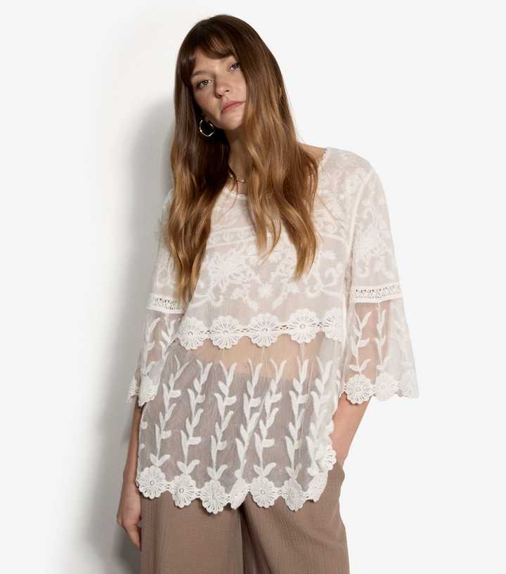 Apricot Cream Sheer Embroidered Bell Sleeve Top
