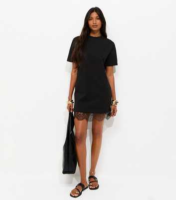 Black Lace Hem Trim Mini T-Shirt Dress
