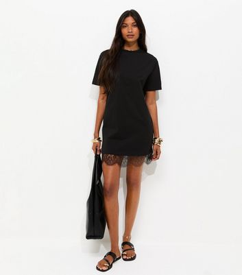 Black Lace Hem Trim Mini T-Shirt Dress | New Look