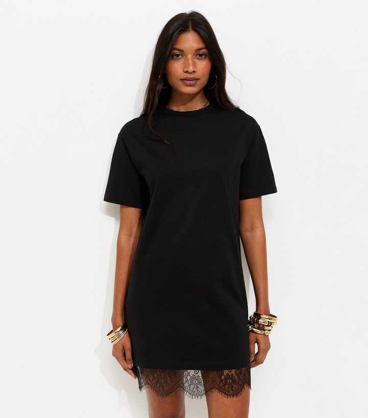 Black Lace Hem Trim Mini T-Shirt Dress | New Look