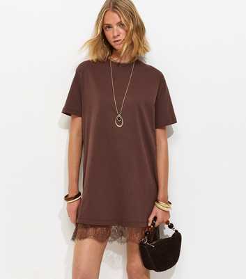 Dark Brown Lace Hem Trim Mini T-Shirt Dress