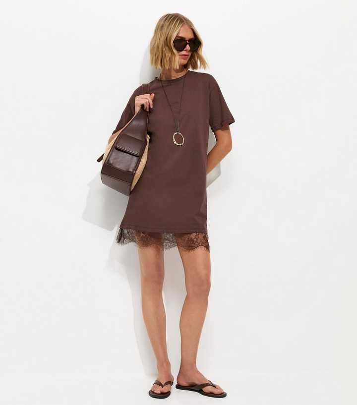 Dark Brown Lace Hem Trim Mini T-Shirt Dress | New Look