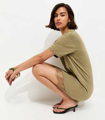 Khaki Lace Hem Trim Mini T-Shirt Dress