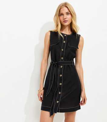 Black Cotton Rich Contrast Stitch Button Through Mini Dress