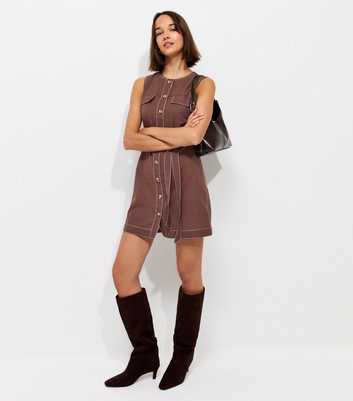 Dark Brown Cotton Rich Contrast Stitch Button Through Mini Dress