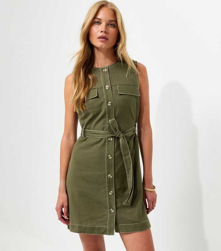 Dark Khaki Cotton Rich Contrast Stitch Button Through Mini Dress