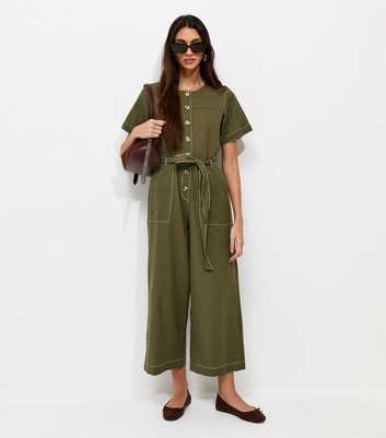 Dark Khaki Cotton Rich Cropped Wide Leg Jumpsuit