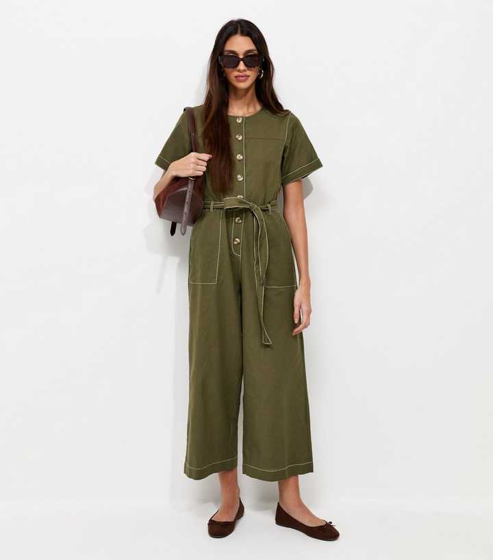 Dark Khaki Cotton Rich Cropped Wide Leg Jumpsuit