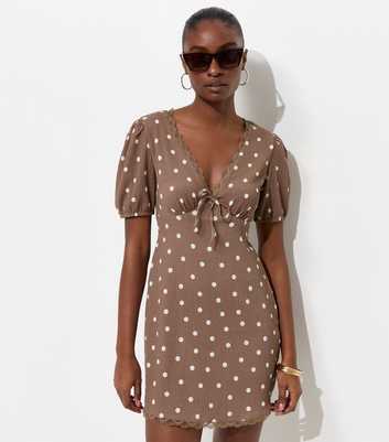 Brown Polka Dot Lace Trim Mini Dress