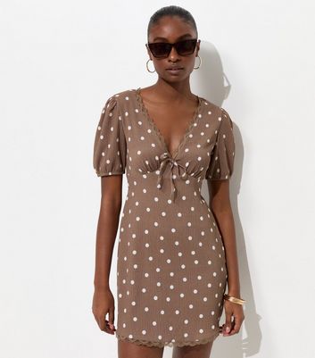 princess polly baby blue dress Shop Florentine Chocolate Polka Dot Strapless Pleated Bodice Mini Dres main image 0