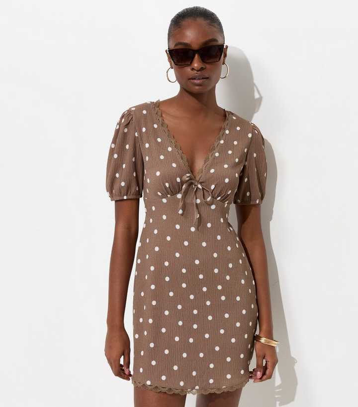 Brown Polka Dot Lace Trim Mini Dress | New Look