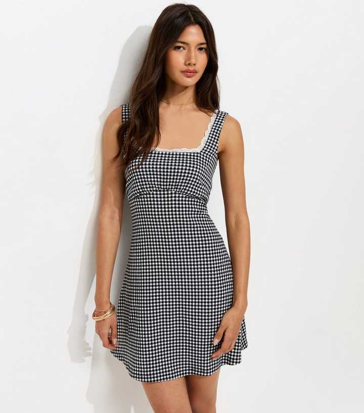 Black Gingham Print Lace Trim Square Neck Mini Dress