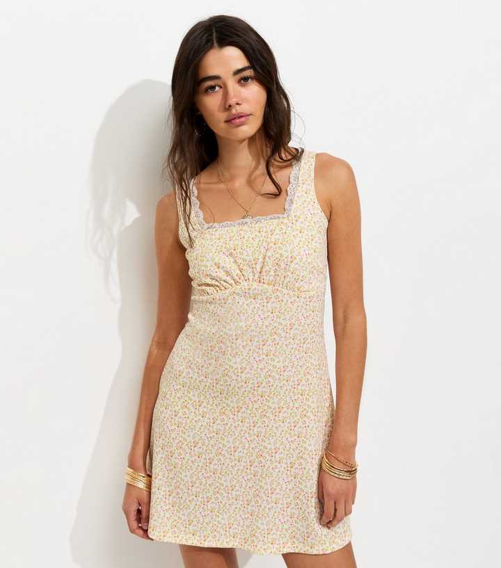 Cream Floral Print Lace Trim Square Neck Mini Dress