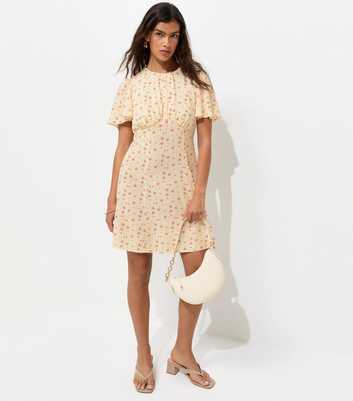 Cream Woven Ditsy Print Flutter Sleeve Mini Dress