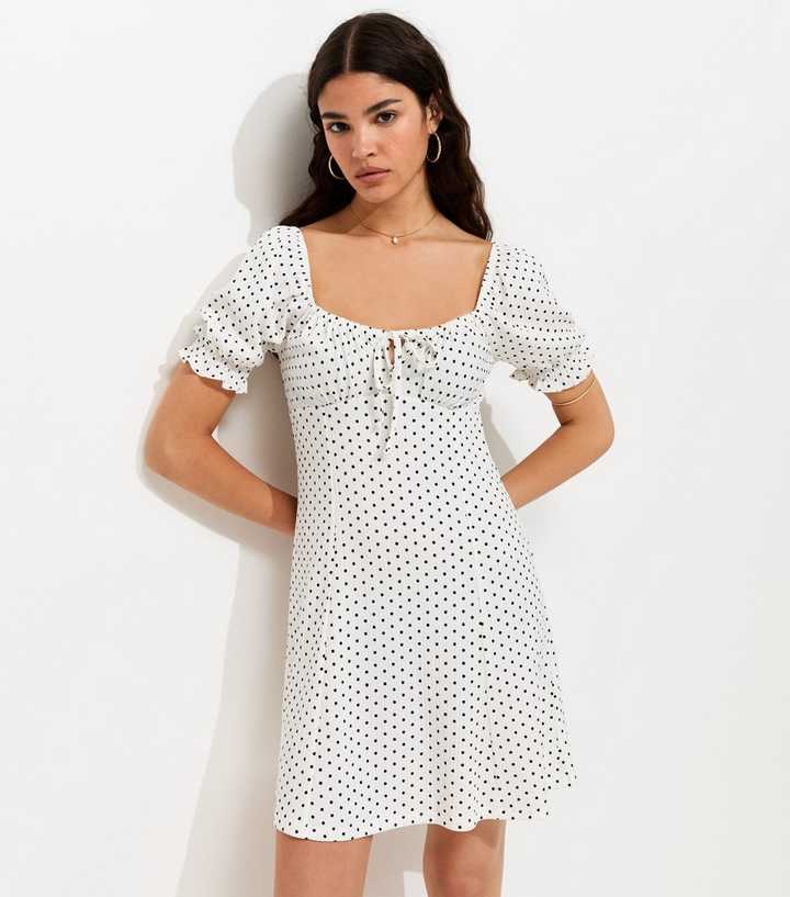 Cream Polka Dot Crinkle Texture Milkmaid Mini Dress