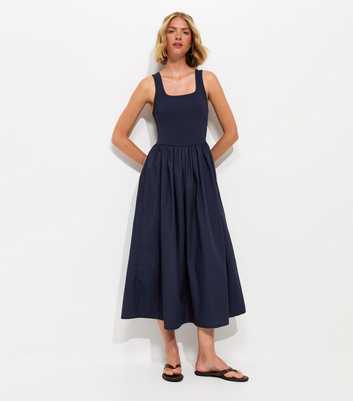 Navy 2-In-1 Poplin Midi Dress