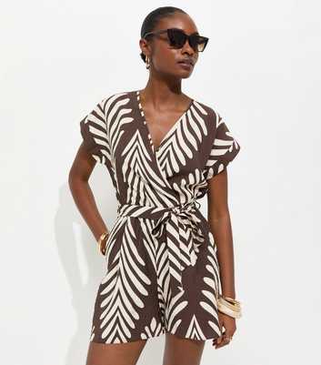 Brown Woven Palm Print Playsuit