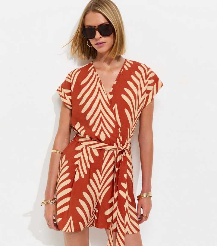 Orange Woven Palm Print Playsuit