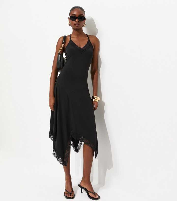 Black Lace Trim Asymmetric Midi Dress