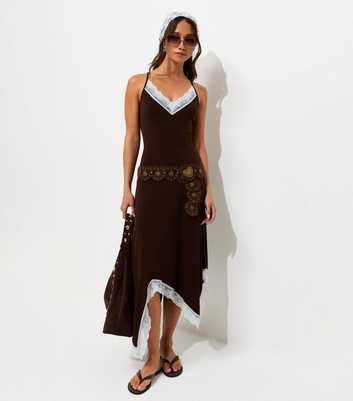 Dark Brown Lace Trim Asymmetric Midi Dress