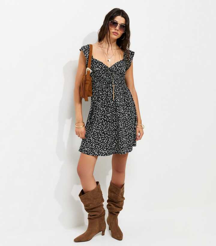 Black Frill Trim Daisy Print Mini Dress