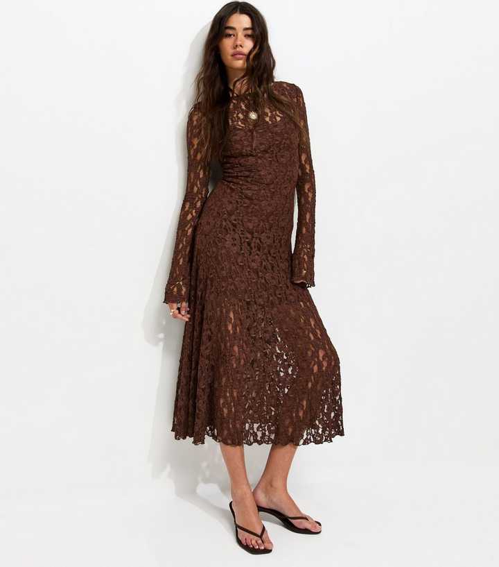 Dark Brown Lace Long Sleeve Midi Dress