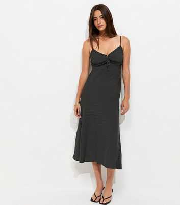Black Polka Dot Strappy Frill Trim Midi Dress