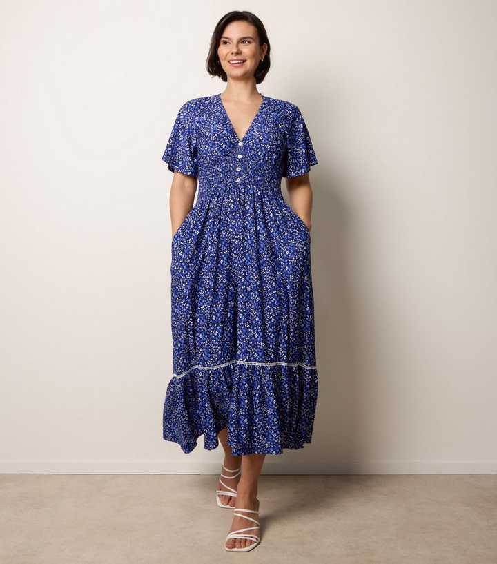 Blue Vanilla Blue Floral Print Button Front Midi Dress