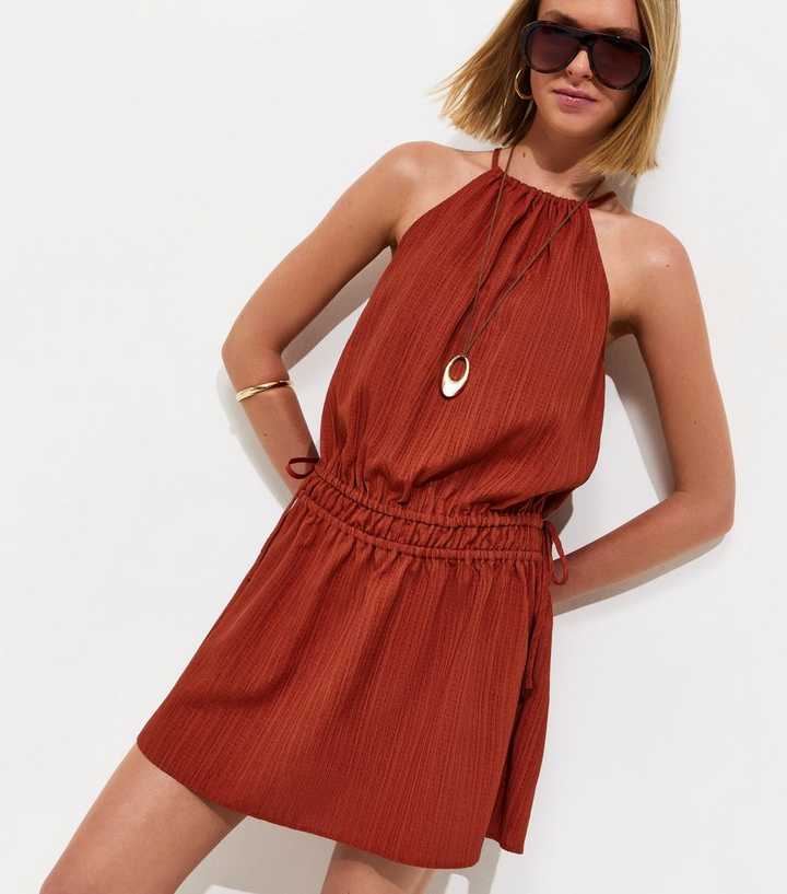 Dark Red Dropped Waist Halter Neck Mini Dress