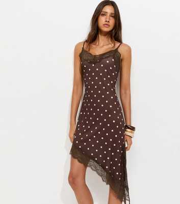 Dark Brown Polka Dot Asymmetric Hem Mini Dress