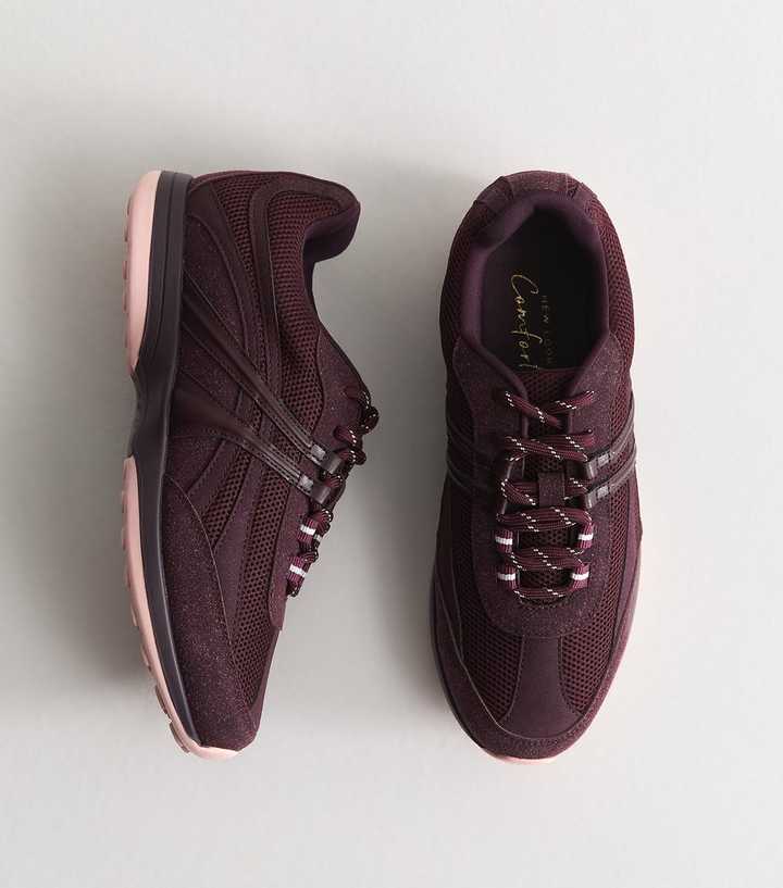 Dark Burgundy Mesh Panelled Lace Up Trainers