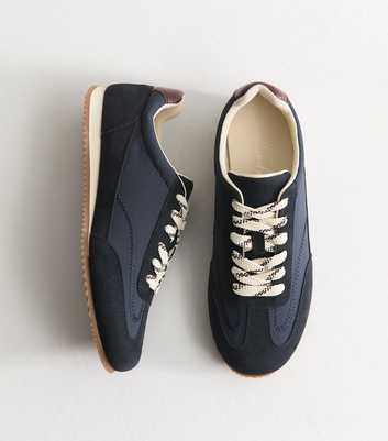 Navy Faux Suede Panelled Lace Up Trainers